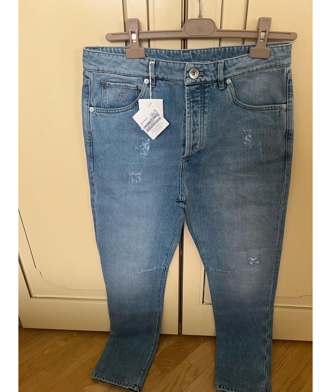 BRUNELLO CUCINELLI Голубые хлопковые прямые джинсы, фото 9