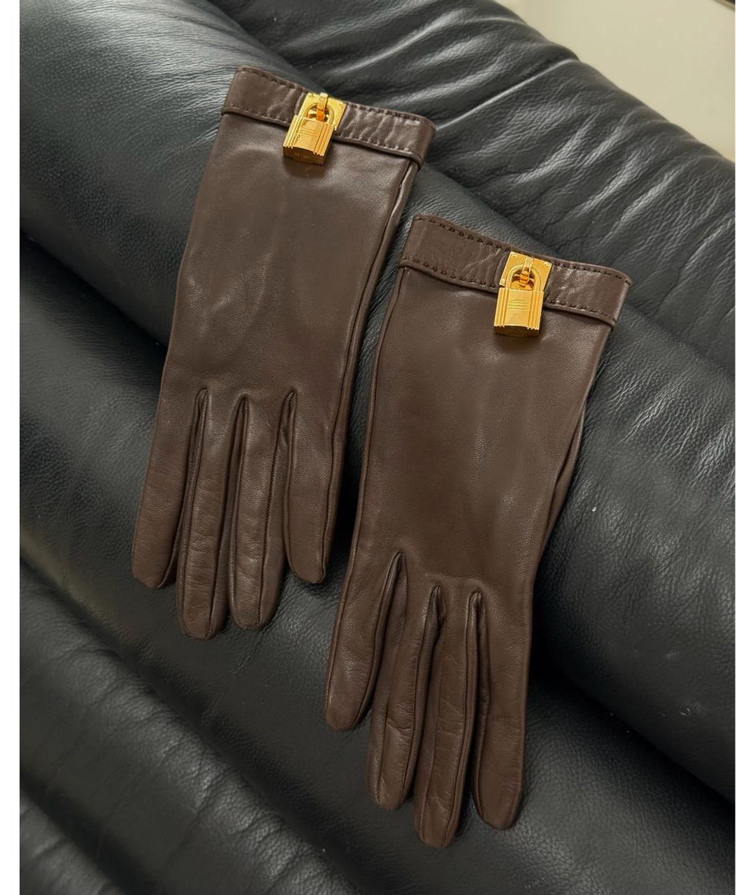 HERMES Коричневые кожаные перчатки, фото 5