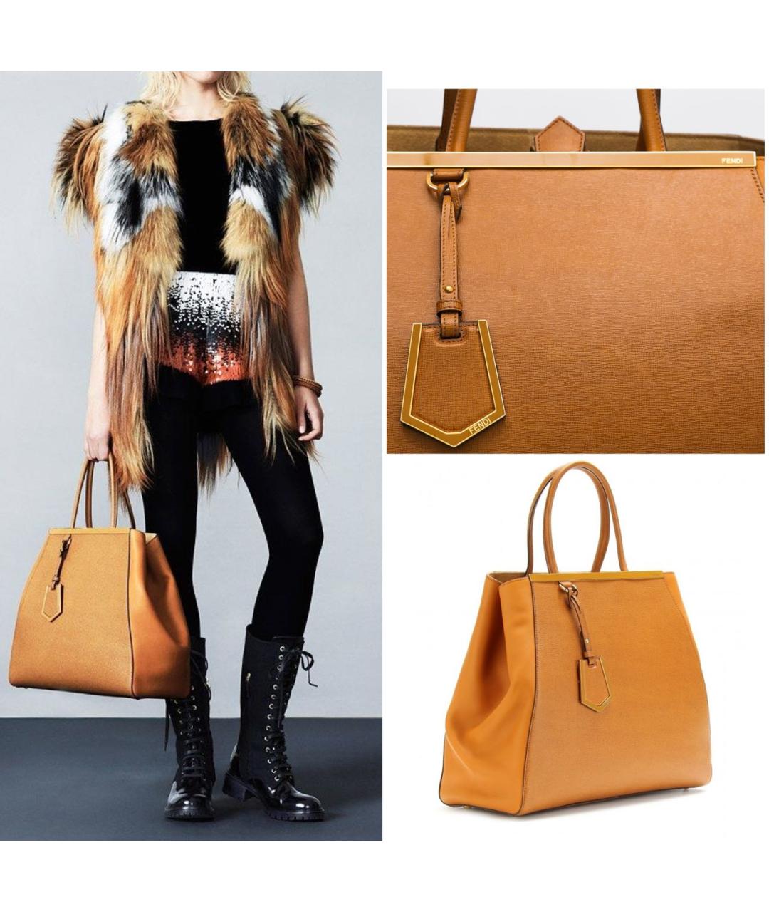 FENDI Горчичная кожаная сумка с короткими ручками, фото 2