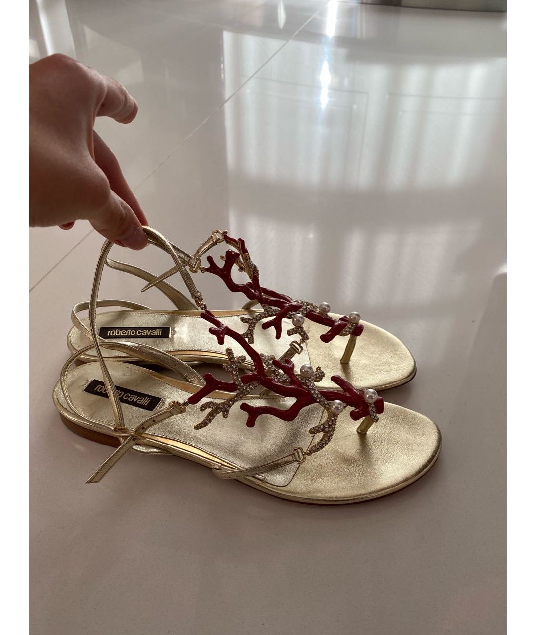 ROBERTO CAVALLI Коралловые кожаные сандалии, фото 6