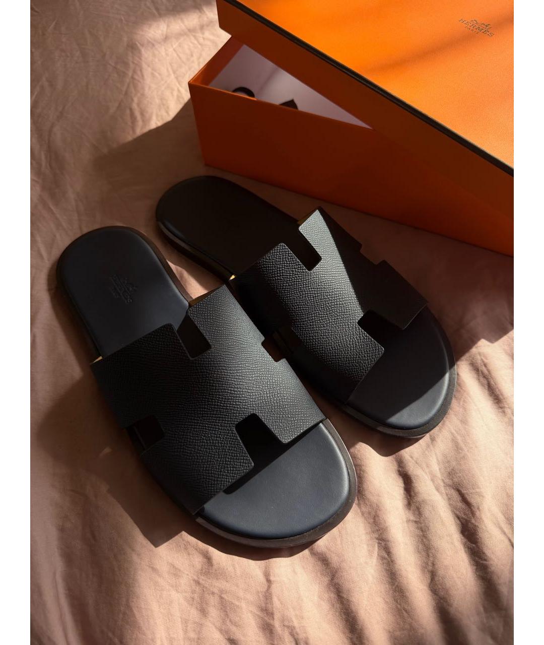 HERMES Синие кожаные шлепанцы, фото 3