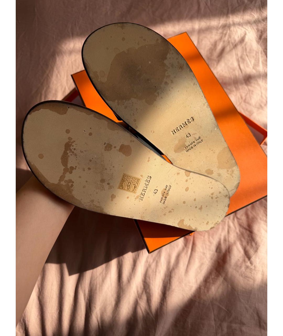 HERMES Синие кожаные шлепанцы, фото 4