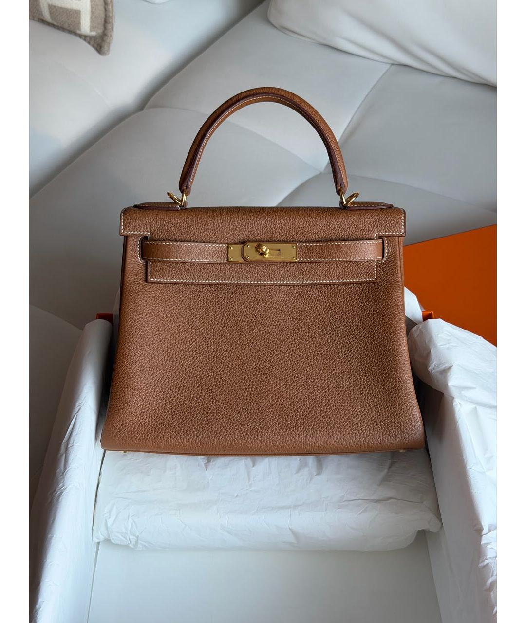 HERMES Коричневая кожаная сумка с короткими ручками, фото 6