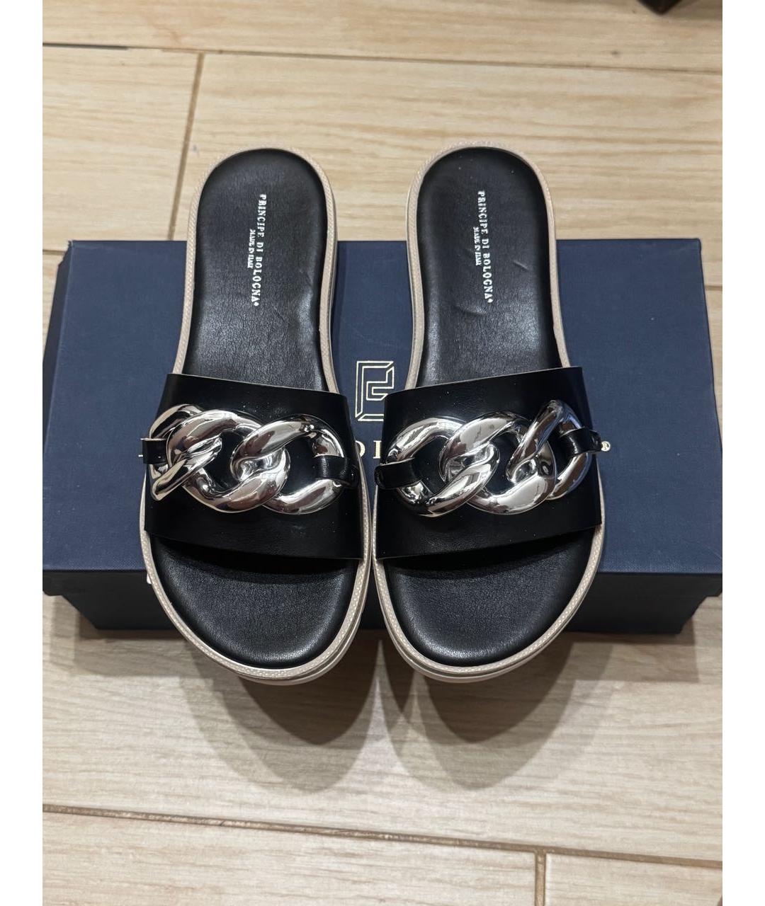 Principe di Bologna Черные кожаные шлепанцы, фото 2