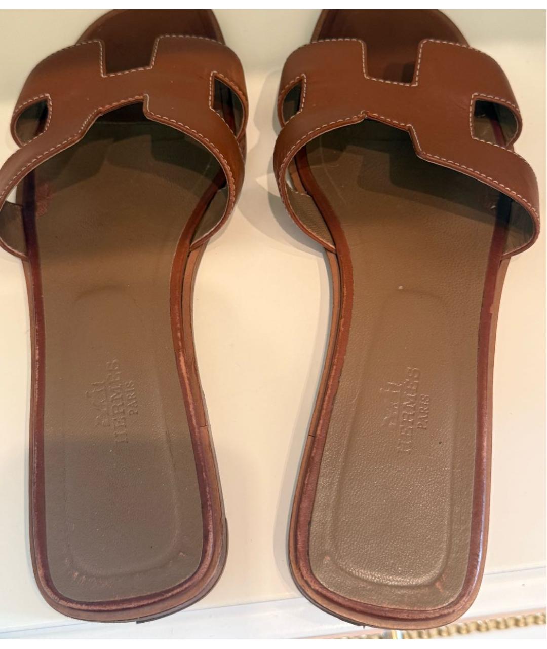 HERMES Коричневые кожаные шлепанцы, фото 3