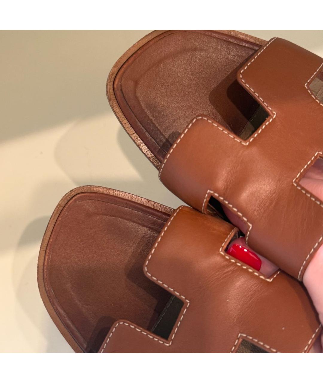 HERMES Коричневые кожаные шлепанцы, фото 4