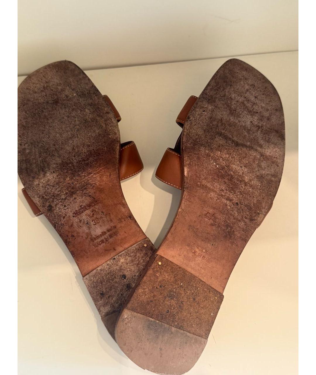 HERMES Коричневые кожаные шлепанцы, фото 5