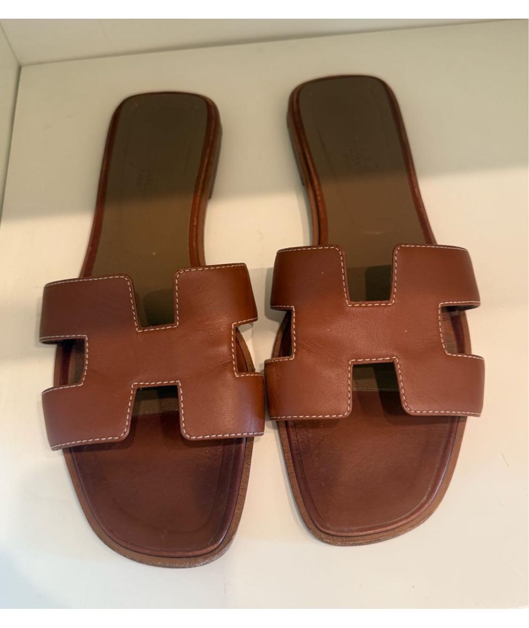 HERMES Коричневые кожаные шлепанцы, фото 2