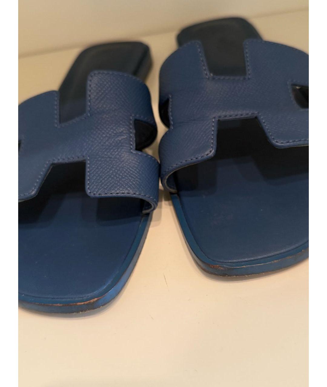 HERMES Синие кожаные шлепанцы, фото 2