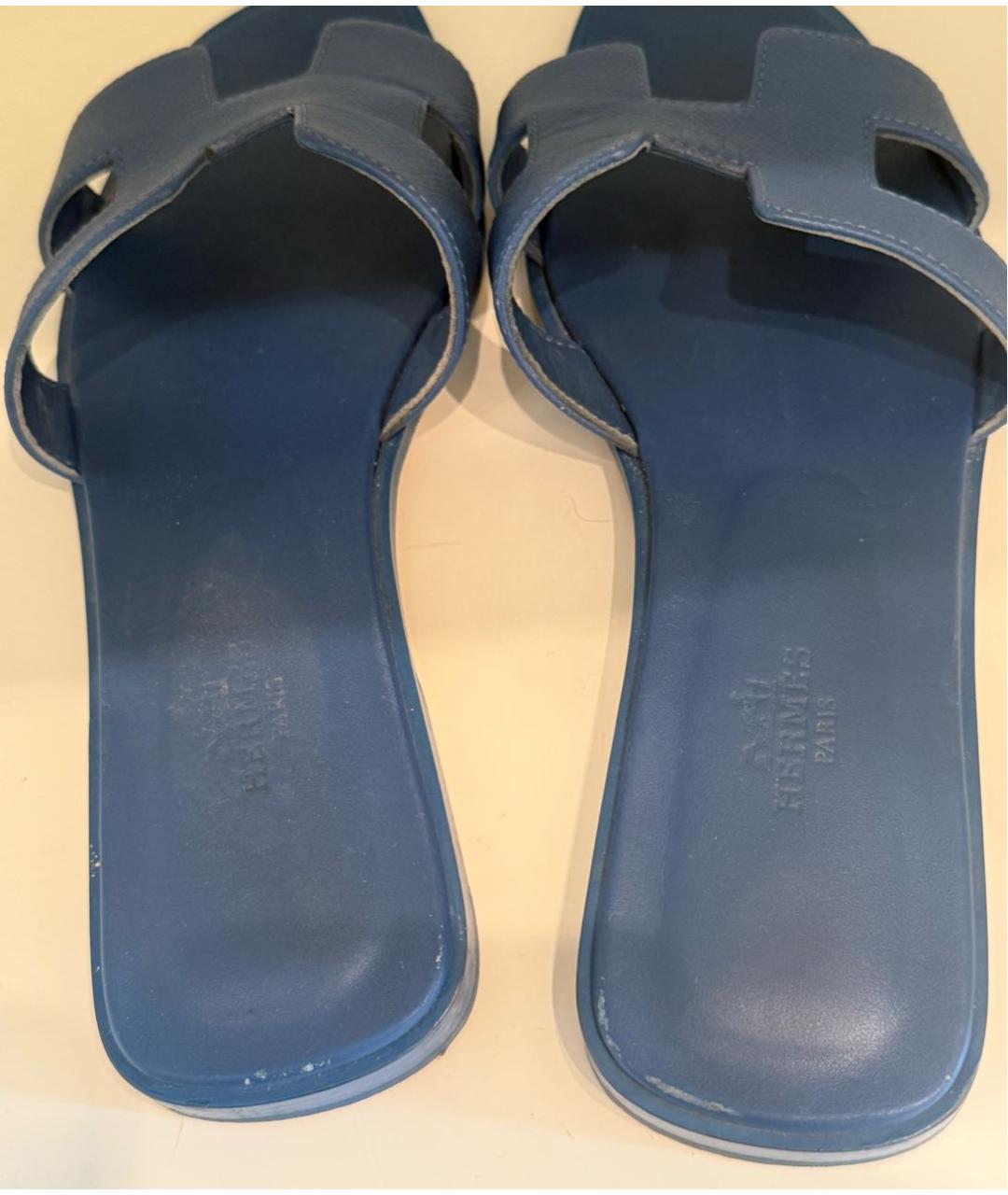 HERMES Синие кожаные шлепанцы, фото 3