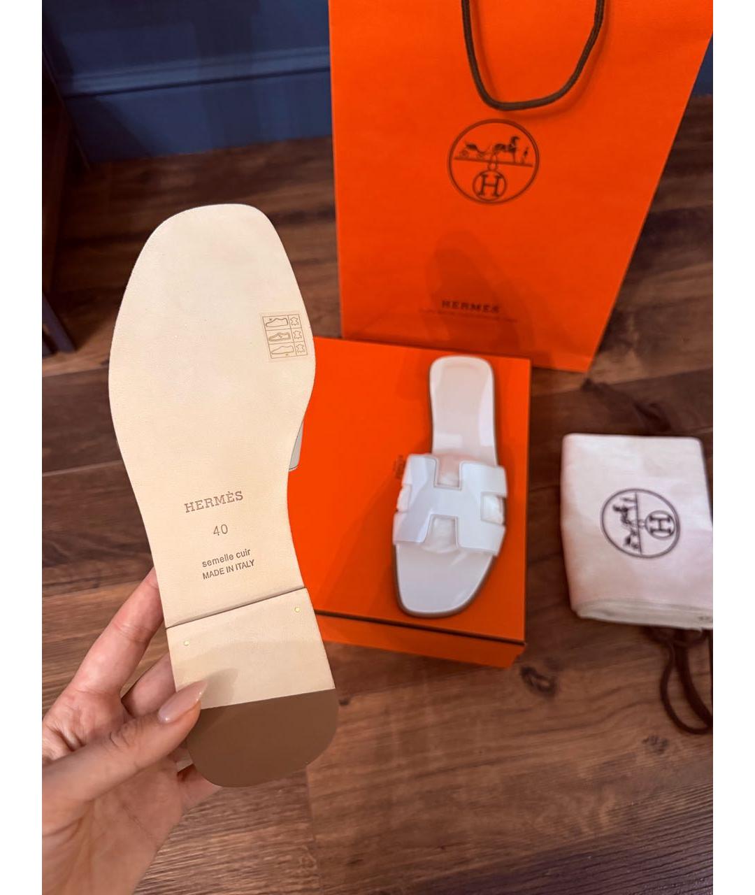HERMES Белые кожаные шлепанцы, фото 6