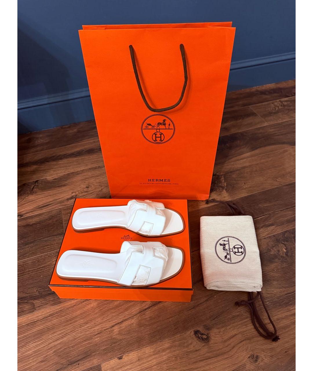 HERMES Белые кожаные шлепанцы, фото 7