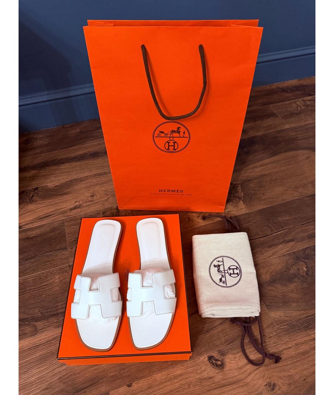 HERMES Белые кожаные шлепанцы, фото 5