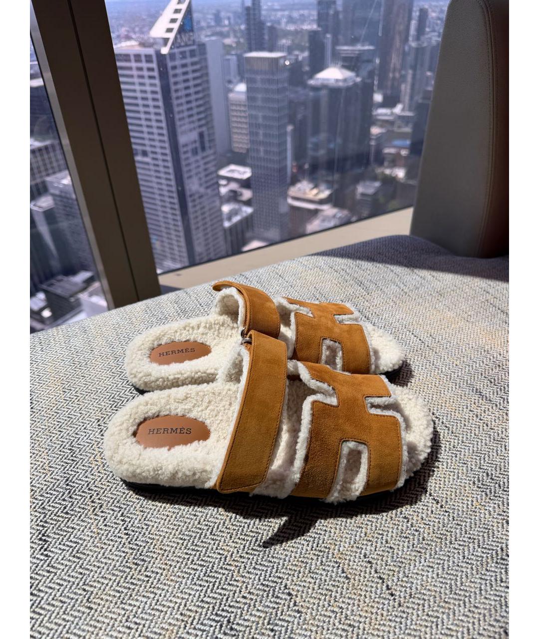 HERMES Коричневые кожаные шлепанцы, фото 7