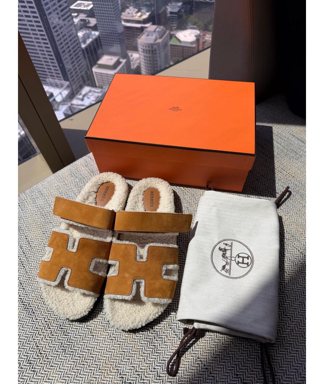 HERMES Коричневые кожаные шлепанцы, фото 6