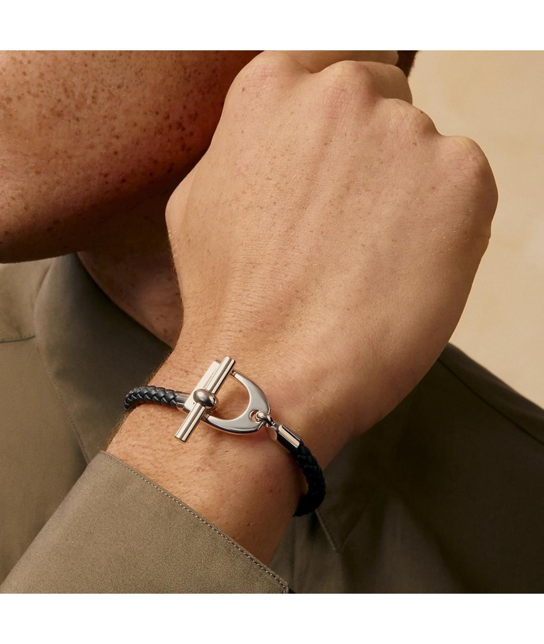 HERMES Черный кожаный браслет, фото 5