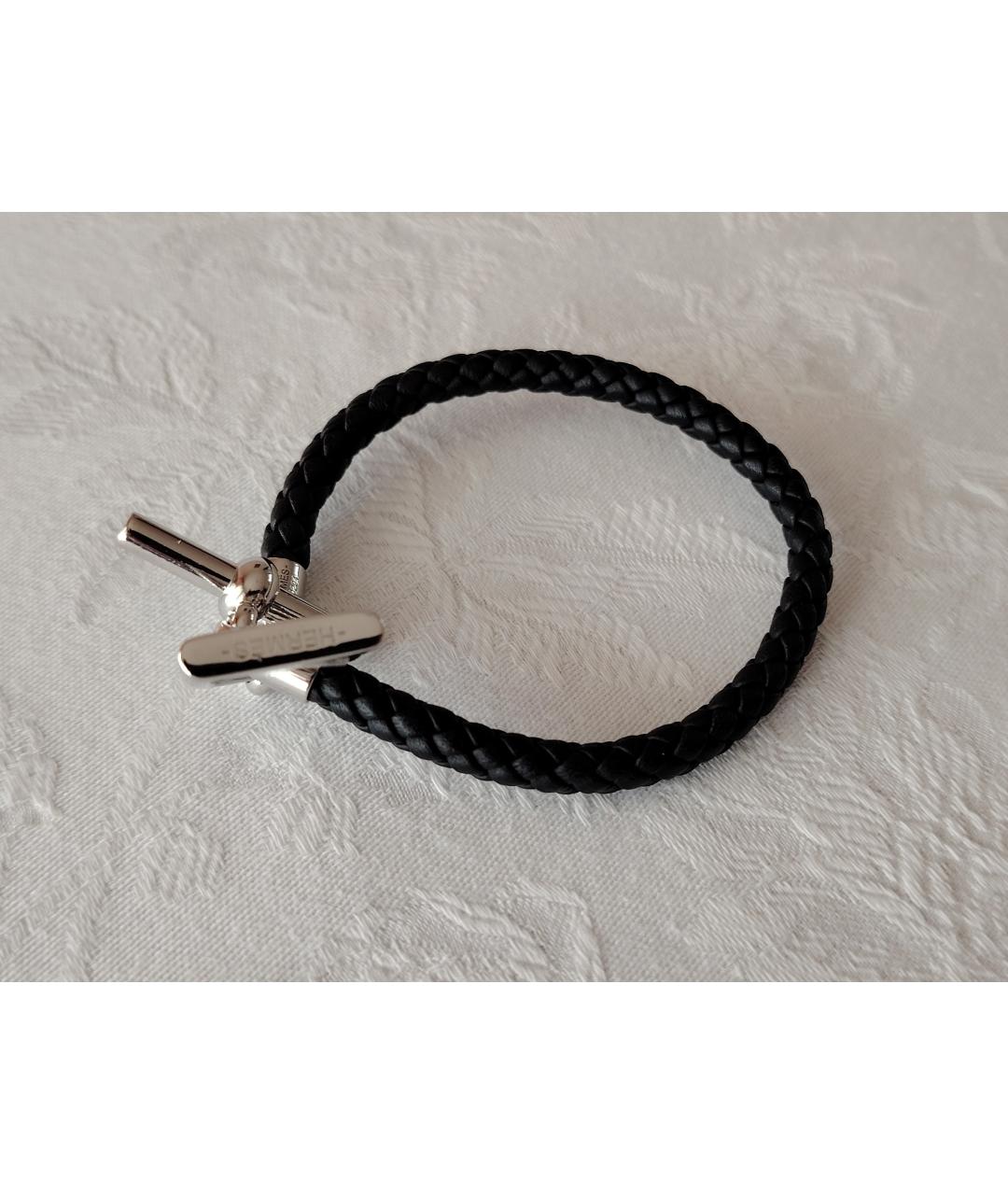 HERMES Черный кожаный браслет, фото 2
