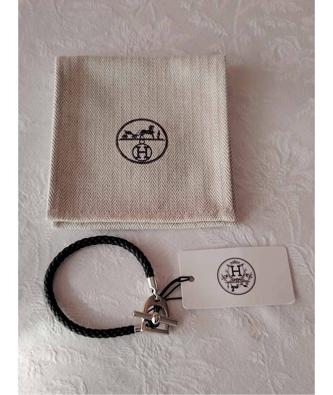 HERMES Черный кожаный браслет, фото 6