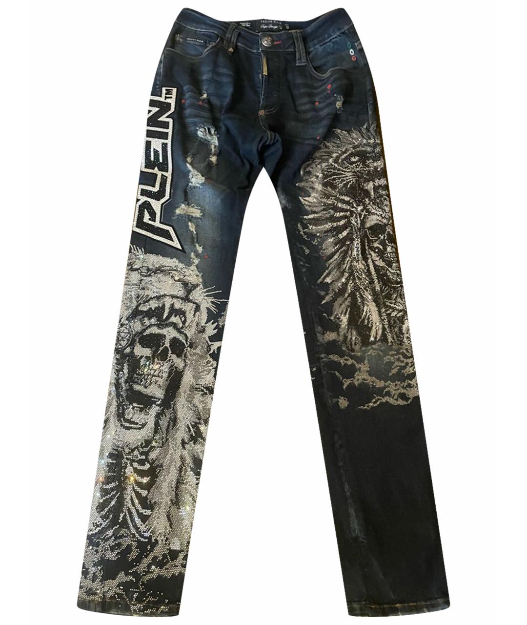 PHILIPP PLEIN Темно-синие хлопко-эластановые прямые джинсы, фото 1