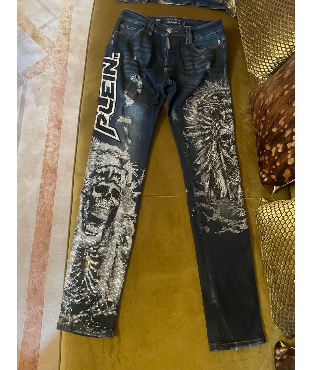 PHILIPP PLEIN Темно-синие хлопко-эластановые прямые джинсы, фото 5