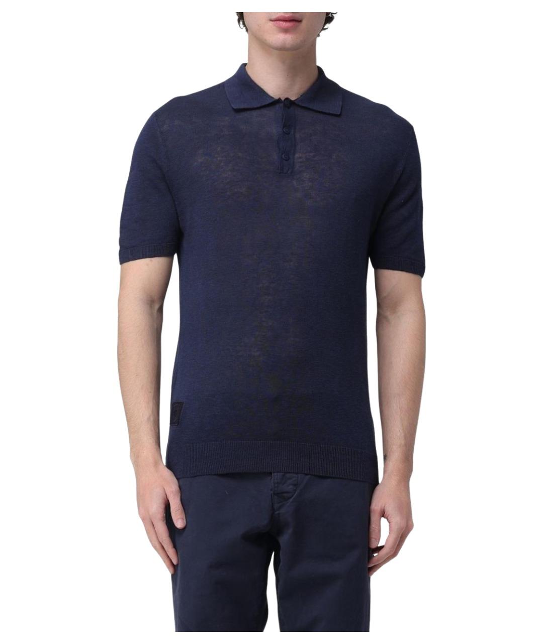 BLAUER Синее хлопко-леновое поло с коротким рукавом, фото 1