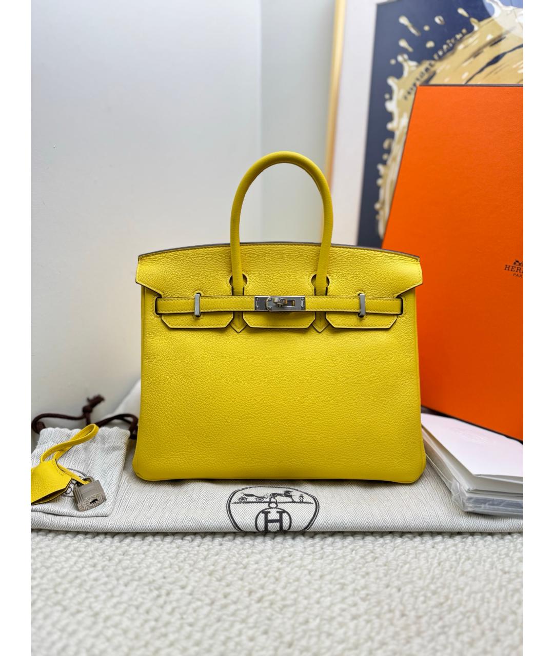 HERMES Желтая кожаная сумка тоут, фото 9