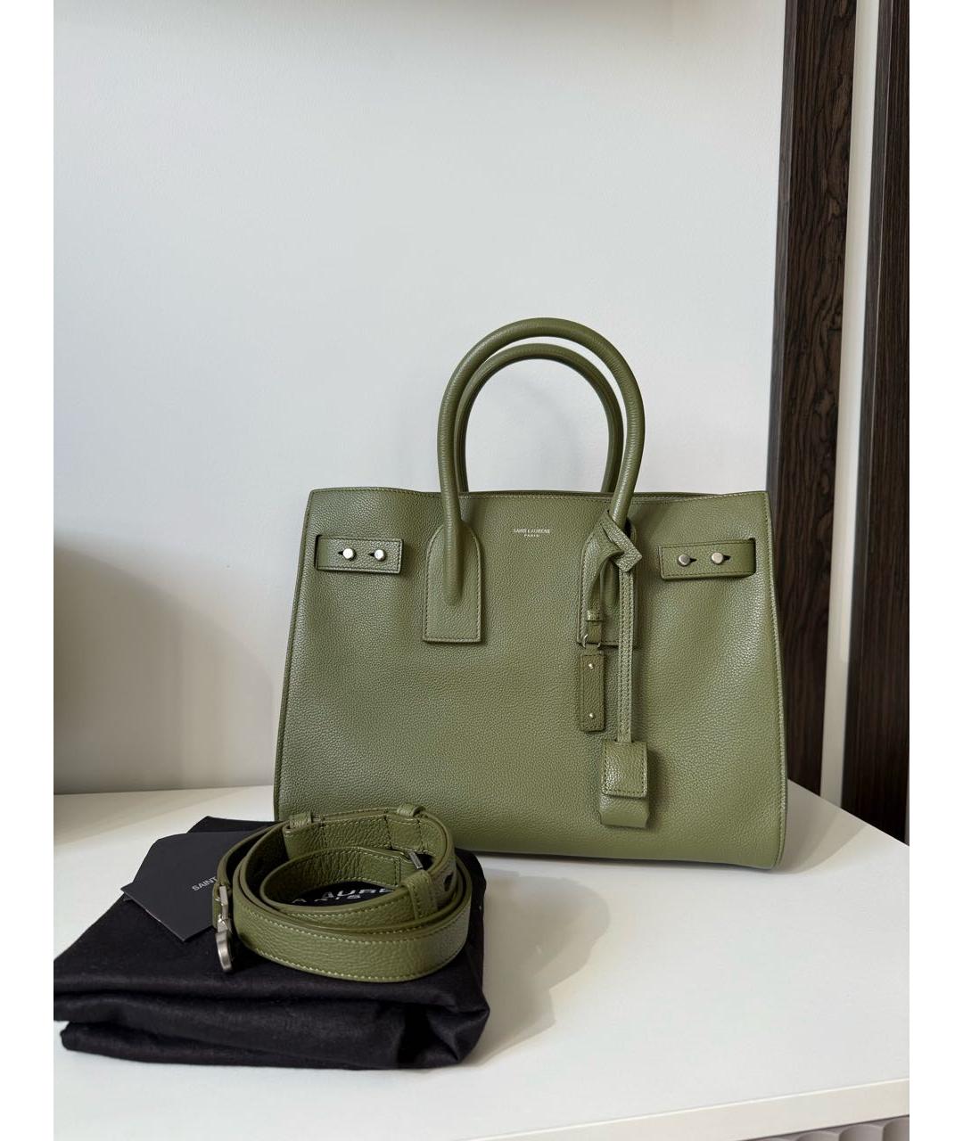 SAINT LAURENT Хаки кожаная сумка тоут, фото 9