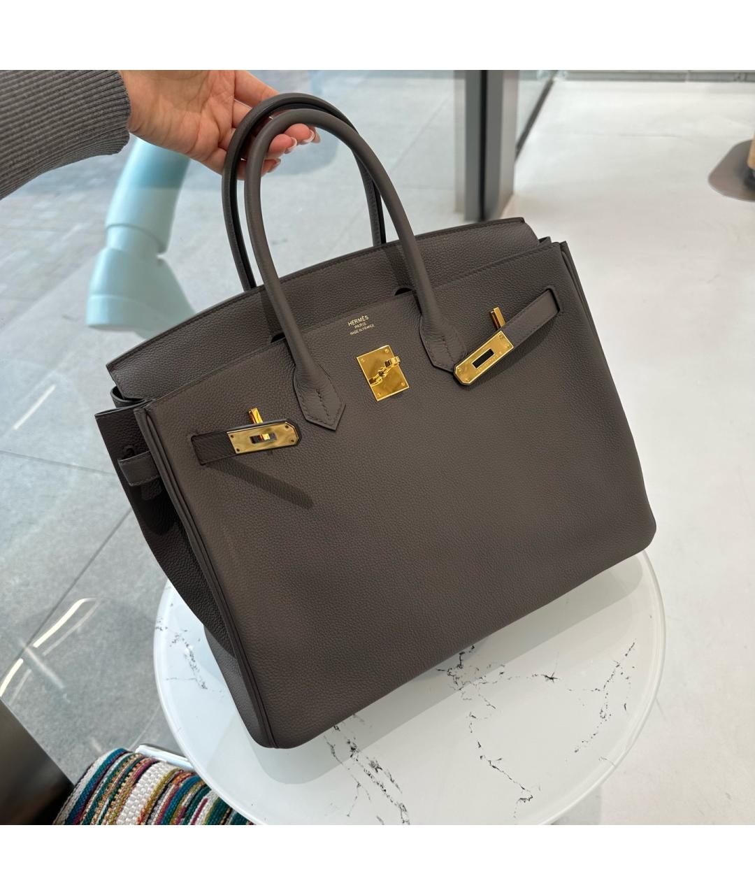 HERMES Серая кожаная сумка с короткими ручками, фото 9