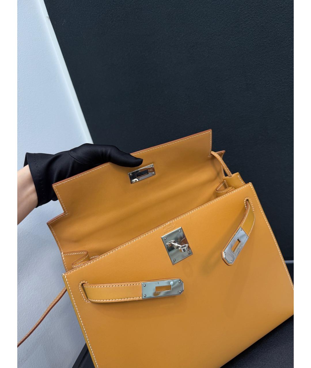 HERMES Желтая кожаная сумка с короткими ручками, фото 6
