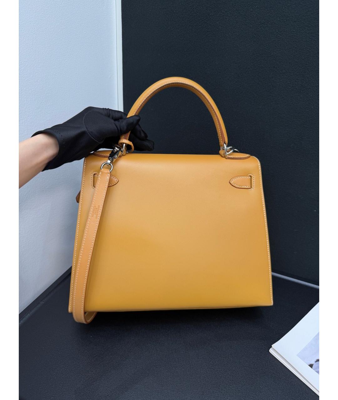 HERMES Желтая кожаная сумка с короткими ручками, фото 3