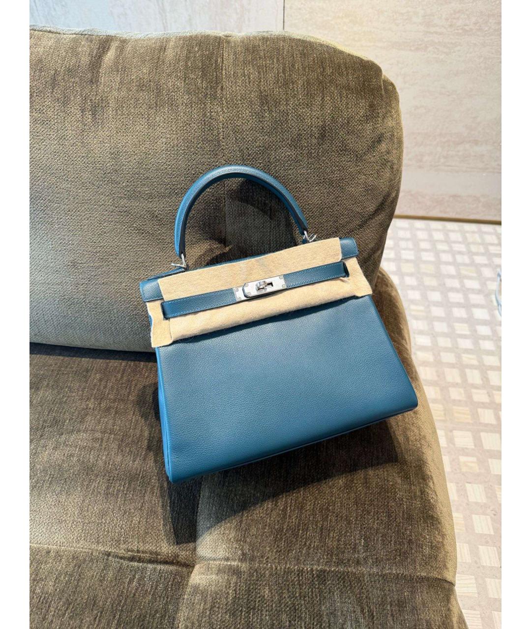 HERMES Синяя кожаная сумка с короткими ручками, фото 4