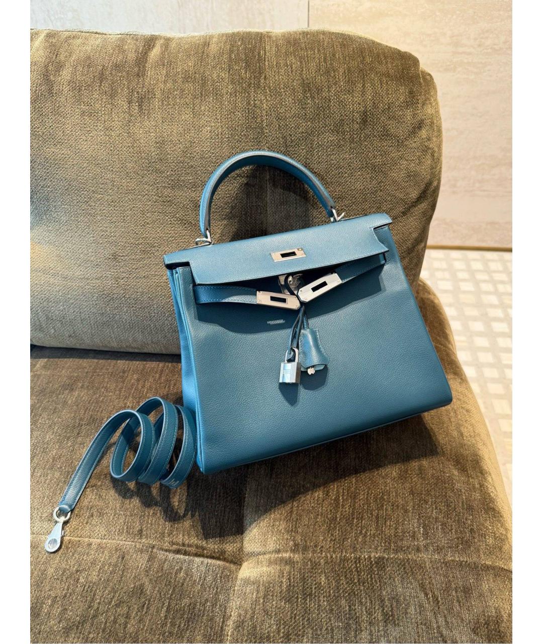 HERMES Синяя кожаная сумка с короткими ручками, фото 5