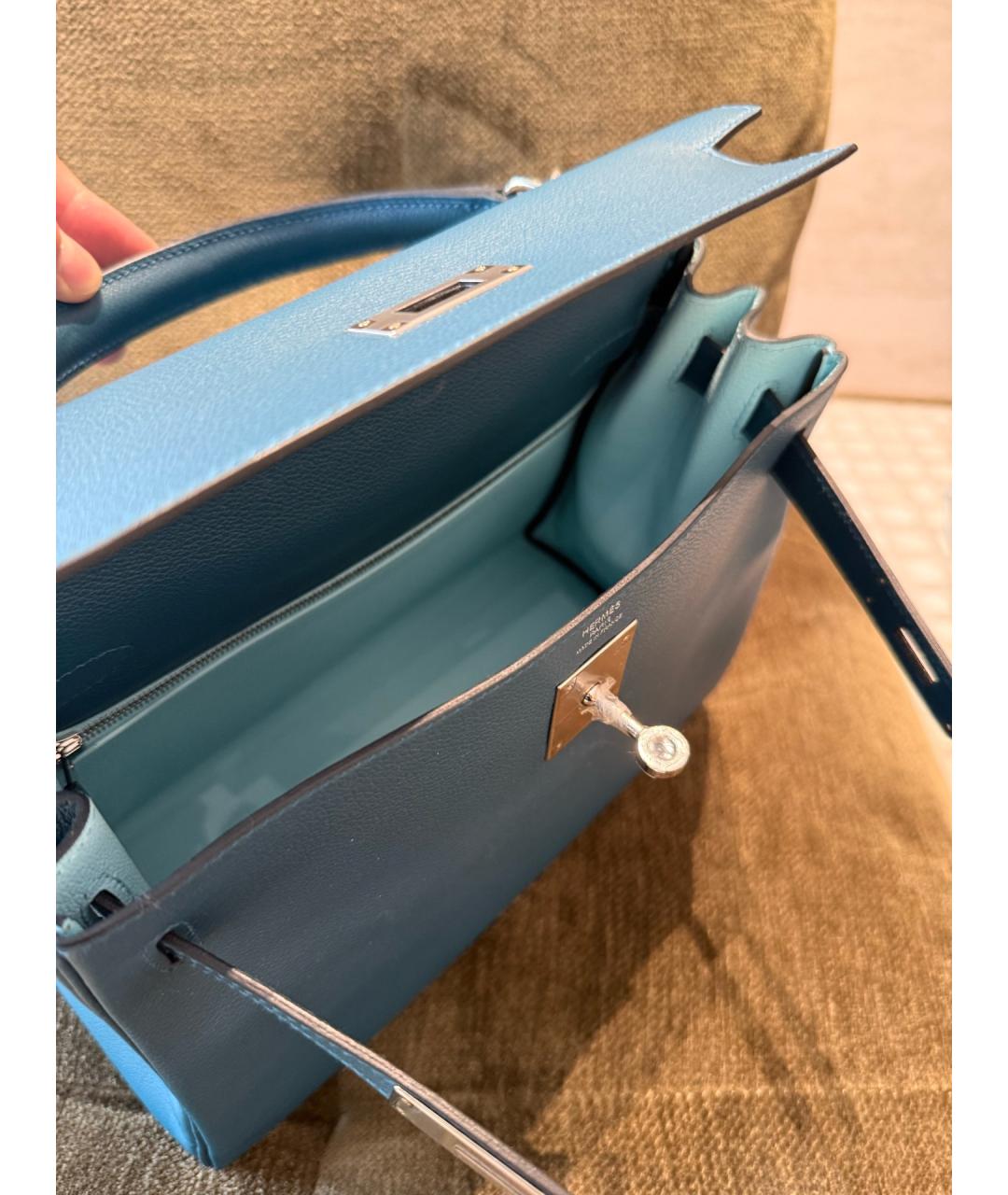 HERMES Синяя кожаная сумка с короткими ручками, фото 6
