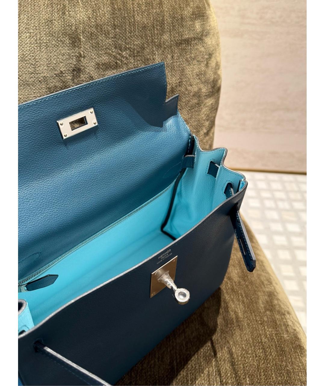 HERMES Синяя кожаная сумка с короткими ручками, фото 3