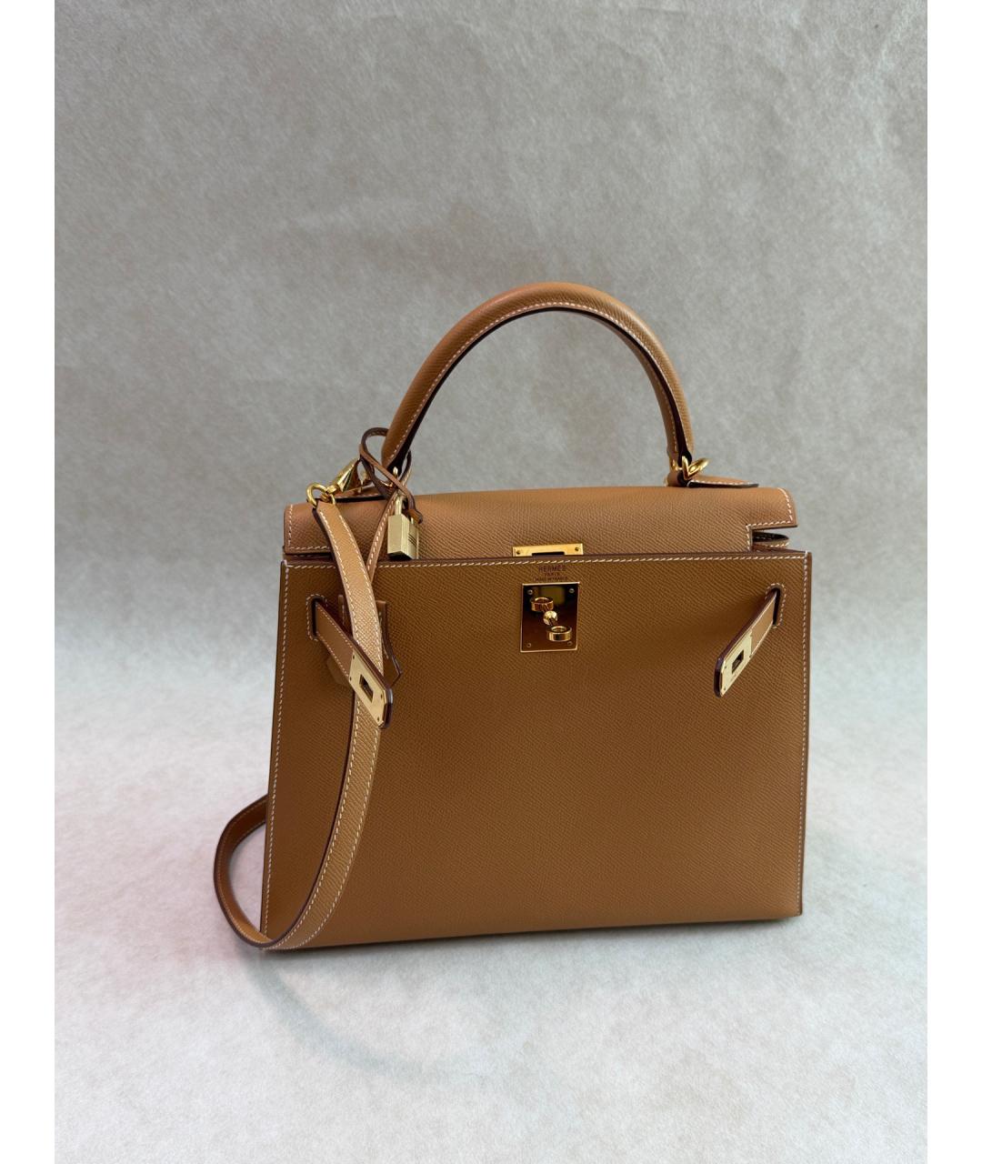 HERMES Коричневая кожаная сумка с короткими ручками, фото 5