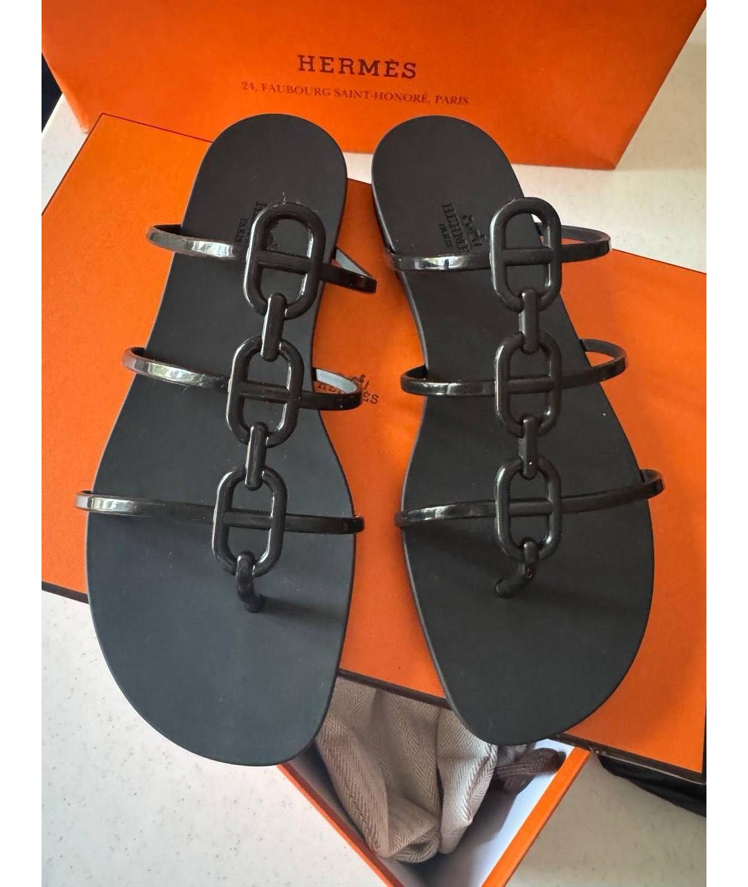 HERMES Черные резиновые шлепанцы, фото 2