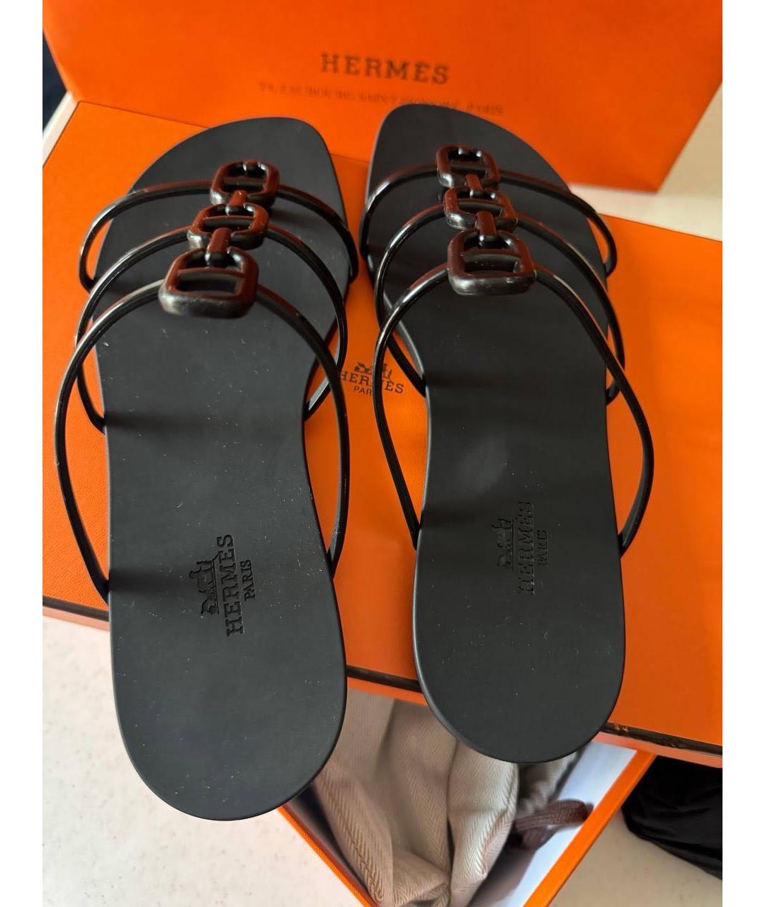 HERMES Черные резиновые шлепанцы, фото 3