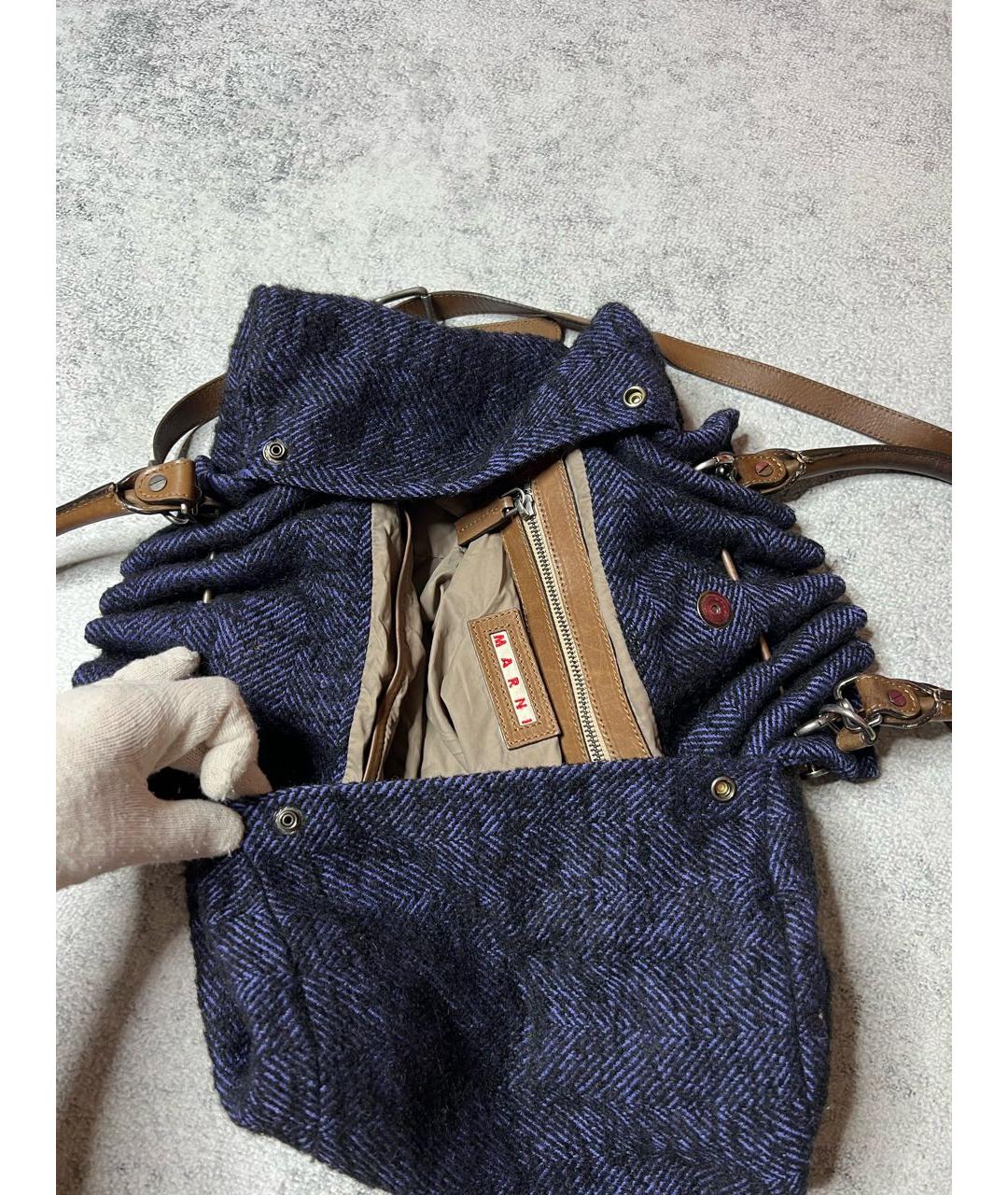 MARNI Темно-синяя твидовая сумка с короткими ручками, фото 7