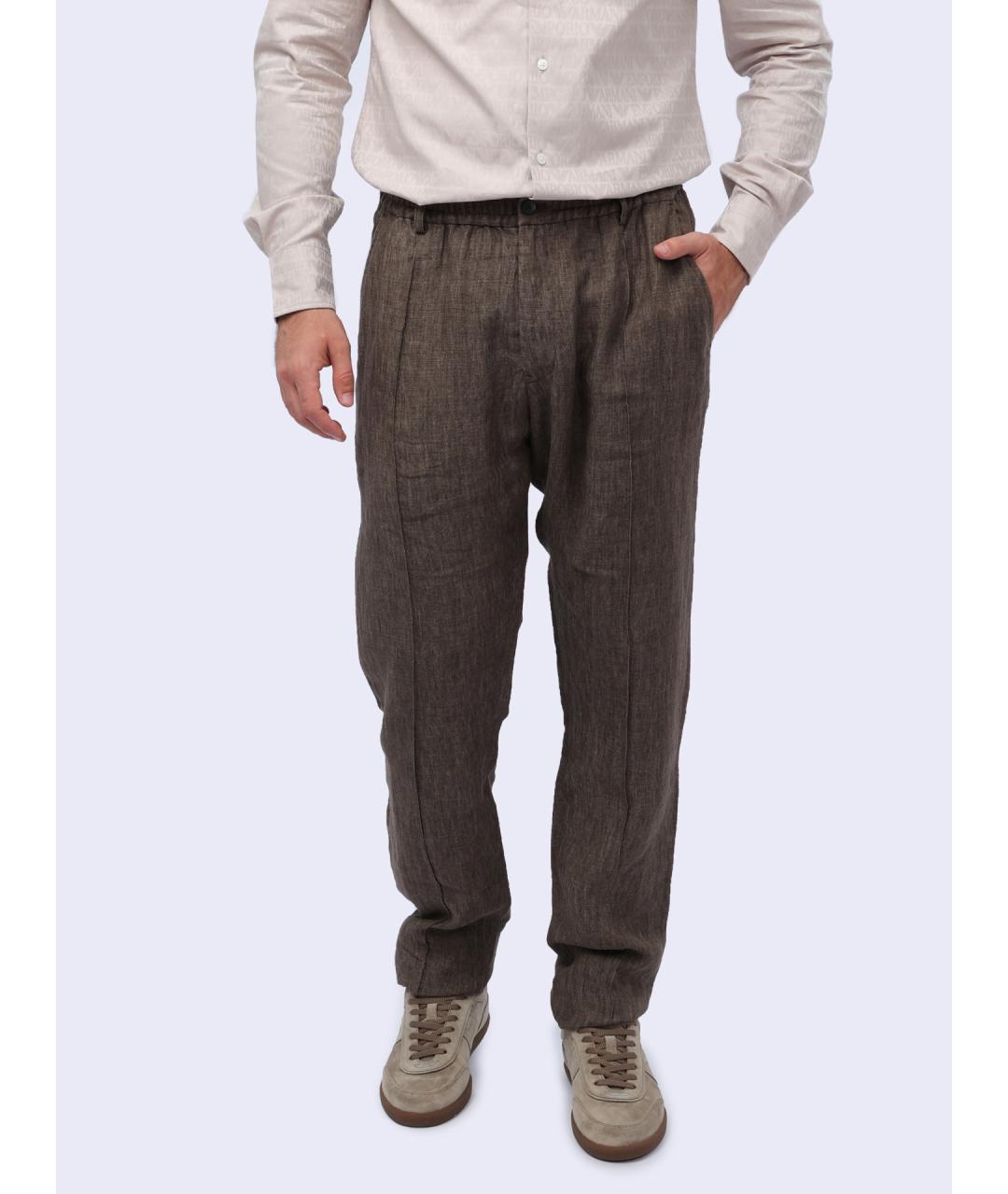 EMPORIO ARMANI Коричневые льняные повседневные брюки, фото 3