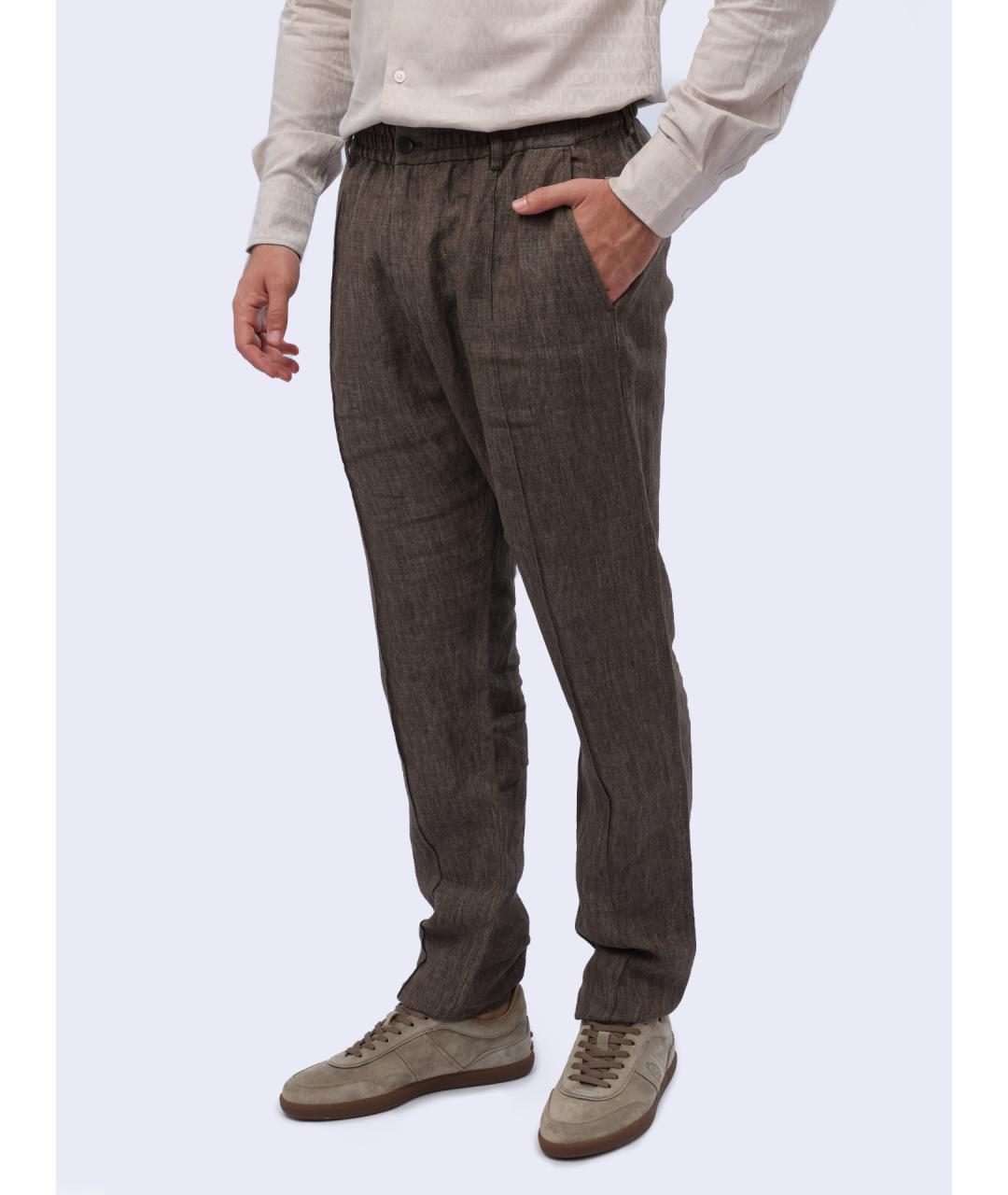 EMPORIO ARMANI Коричневые льняные повседневные брюки, фото 4