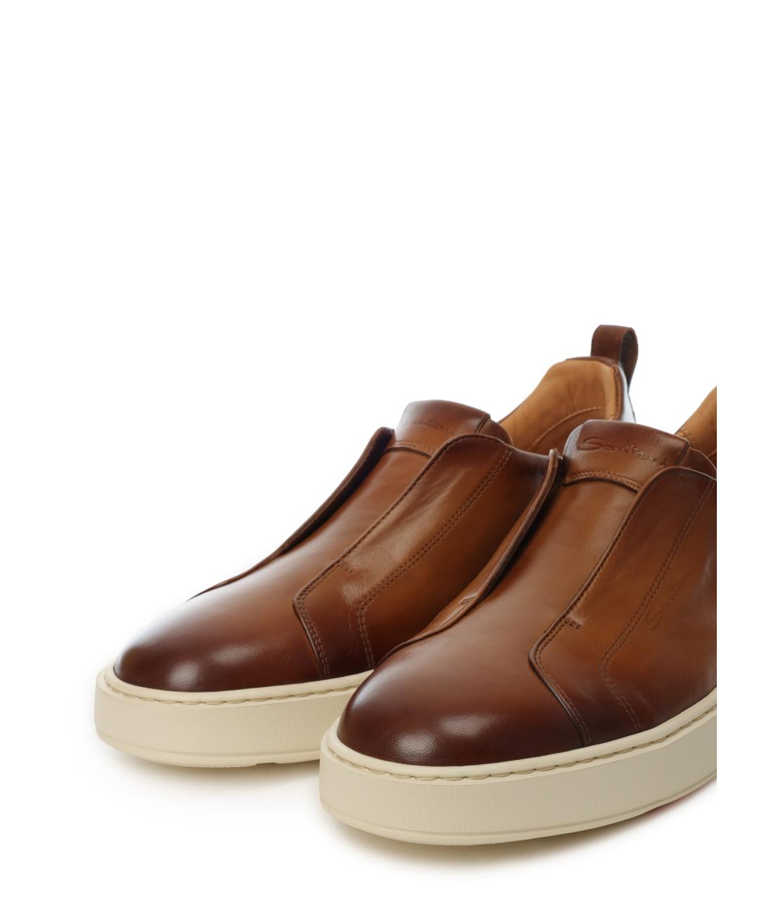 SANTONI Коричневые кожаные низкие кроссовки / кеды, фото 6