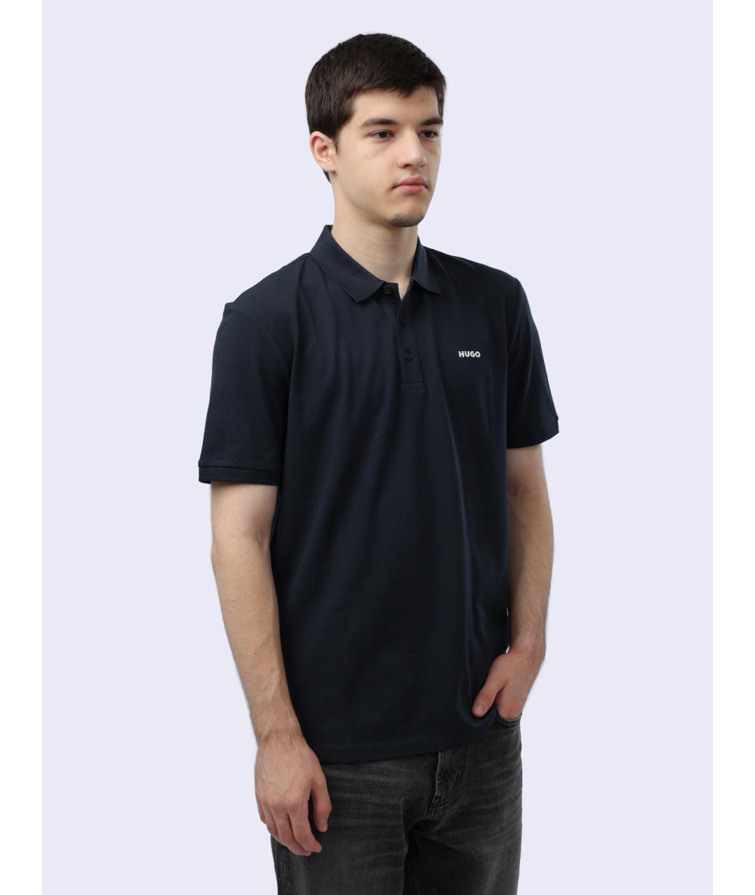 HUGO Темно-синее хлопковое поло с коротким рукавом, фото 5