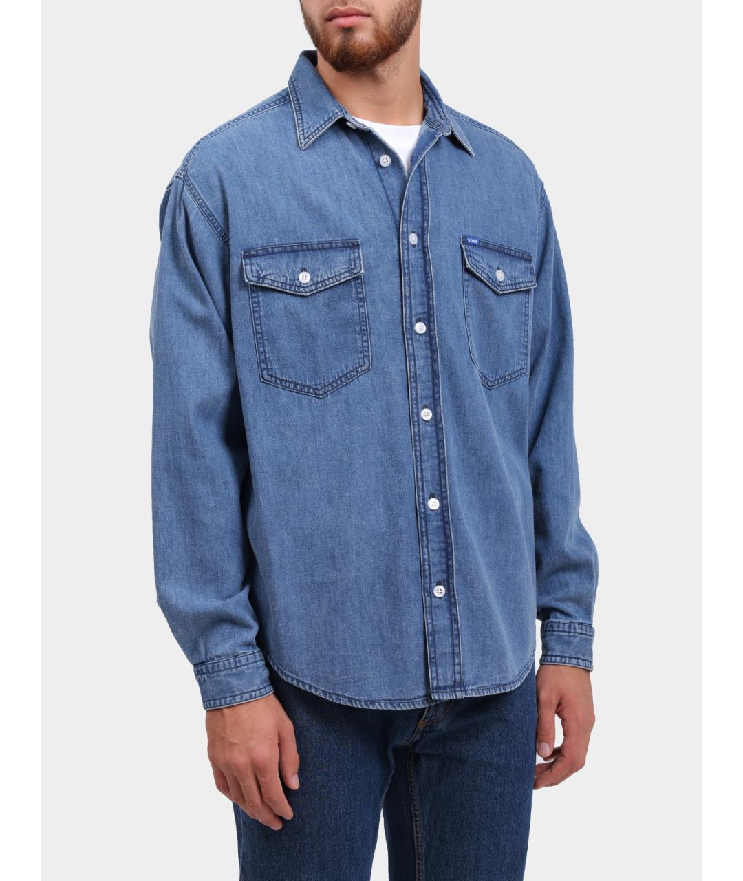 HUGO Синяя хлопковая кэжуал рубашка, фото 3