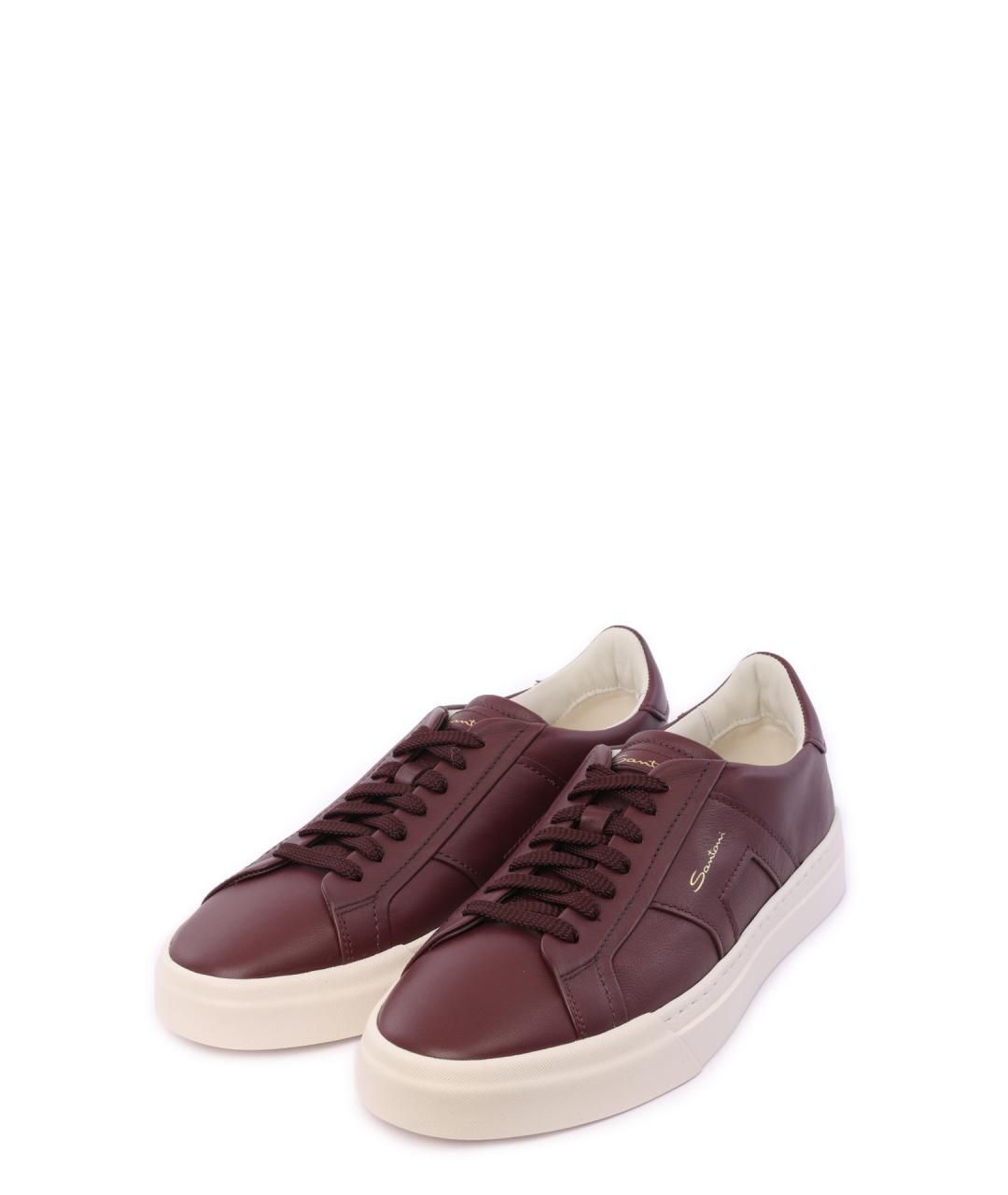 SANTONI Бордовые кожаные низкие кроссовки / кеды, фото 2