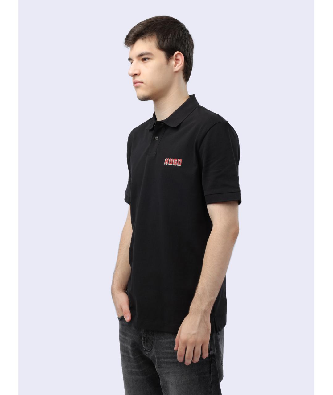HUGO Черное хлопковое поло с коротким рукавом, фото 3