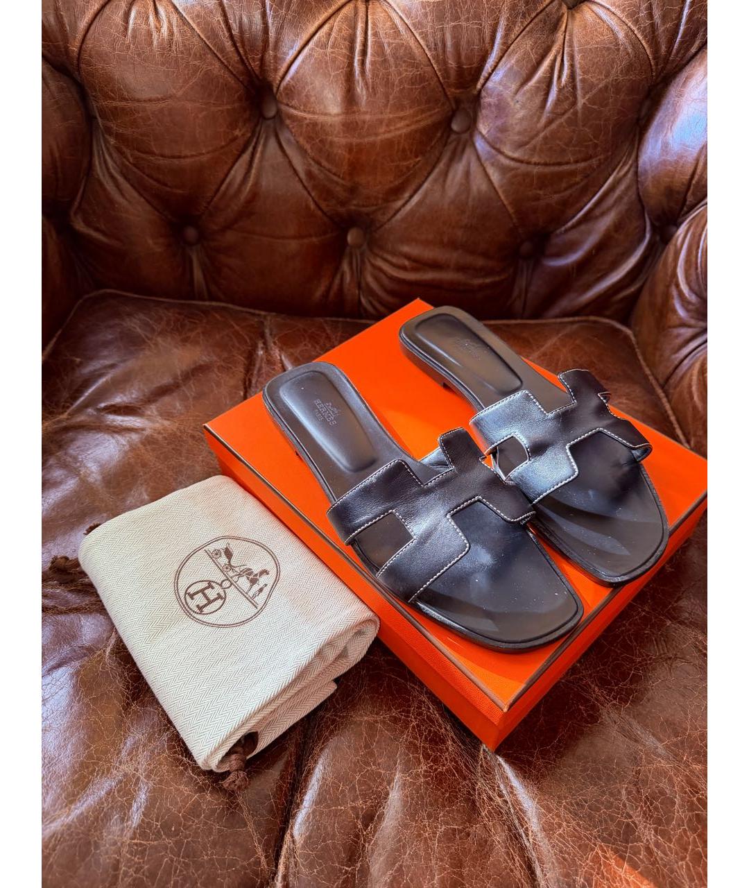 HERMES Черные кожаные шлепанцы, фото 6