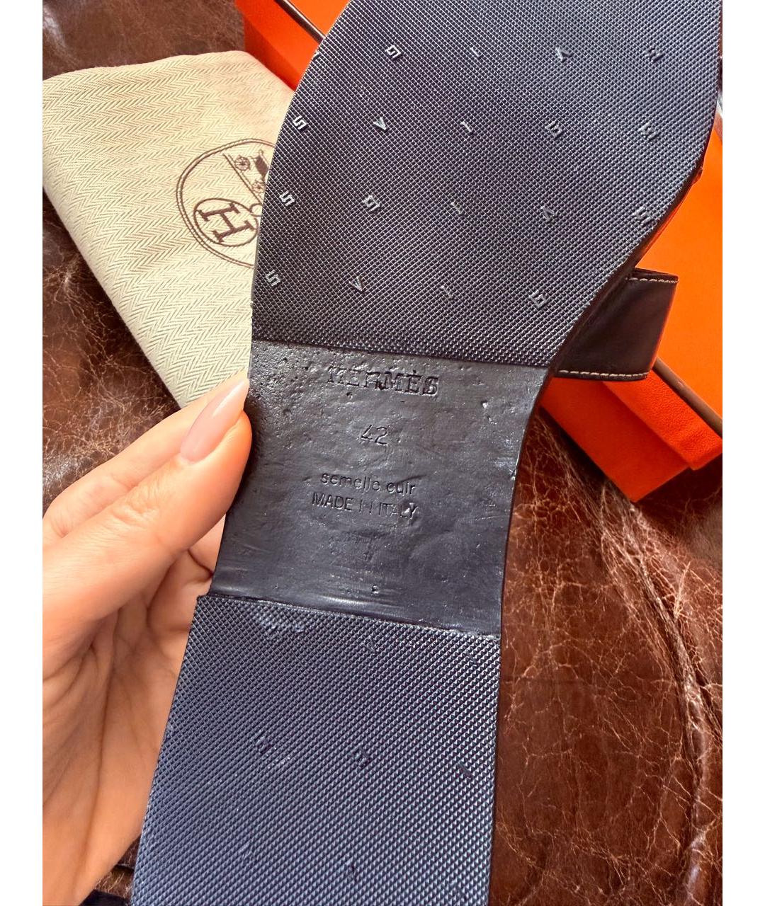 HERMES Черные кожаные шлепанцы, фото 3