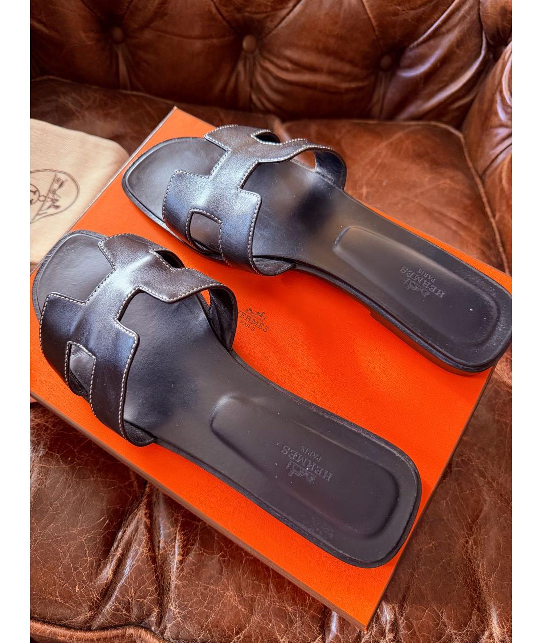 HERMES Черные кожаные шлепанцы, фото 5