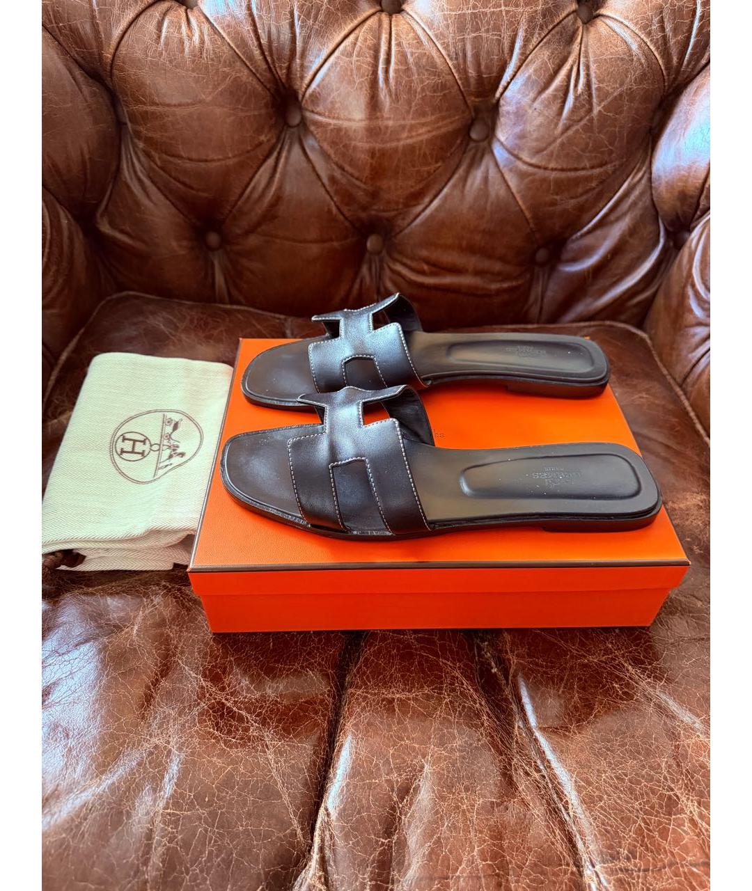 HERMES Черные кожаные шлепанцы, фото 4