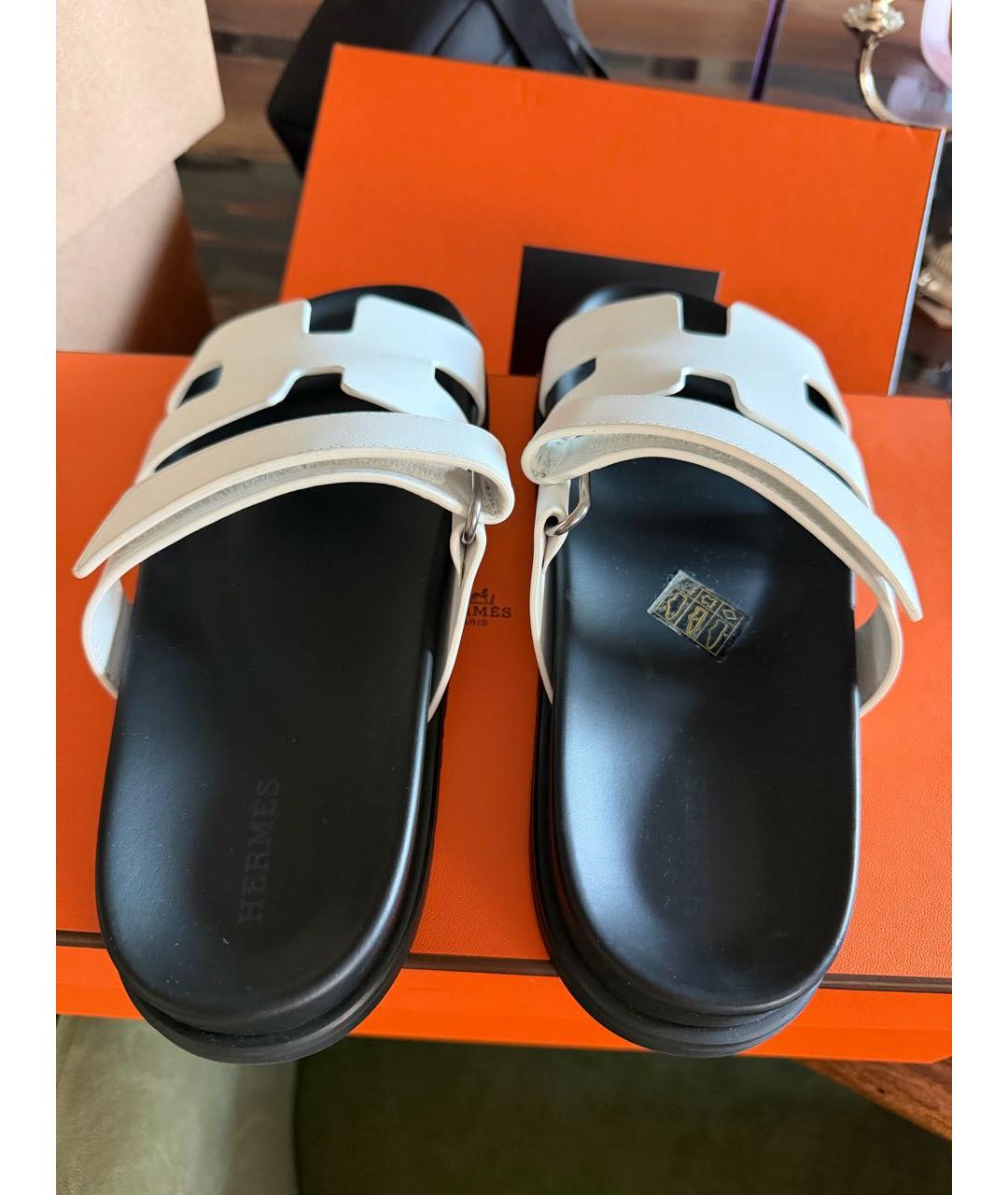 HERMES Белые кожаные шлепанцы, фото 4